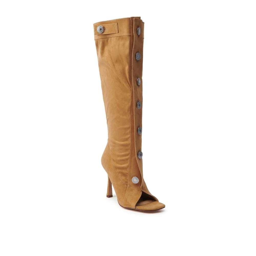 Azalea Wang Tan Kazuki Mid Calf High Boots Button Detail Open Toe Statement Heel